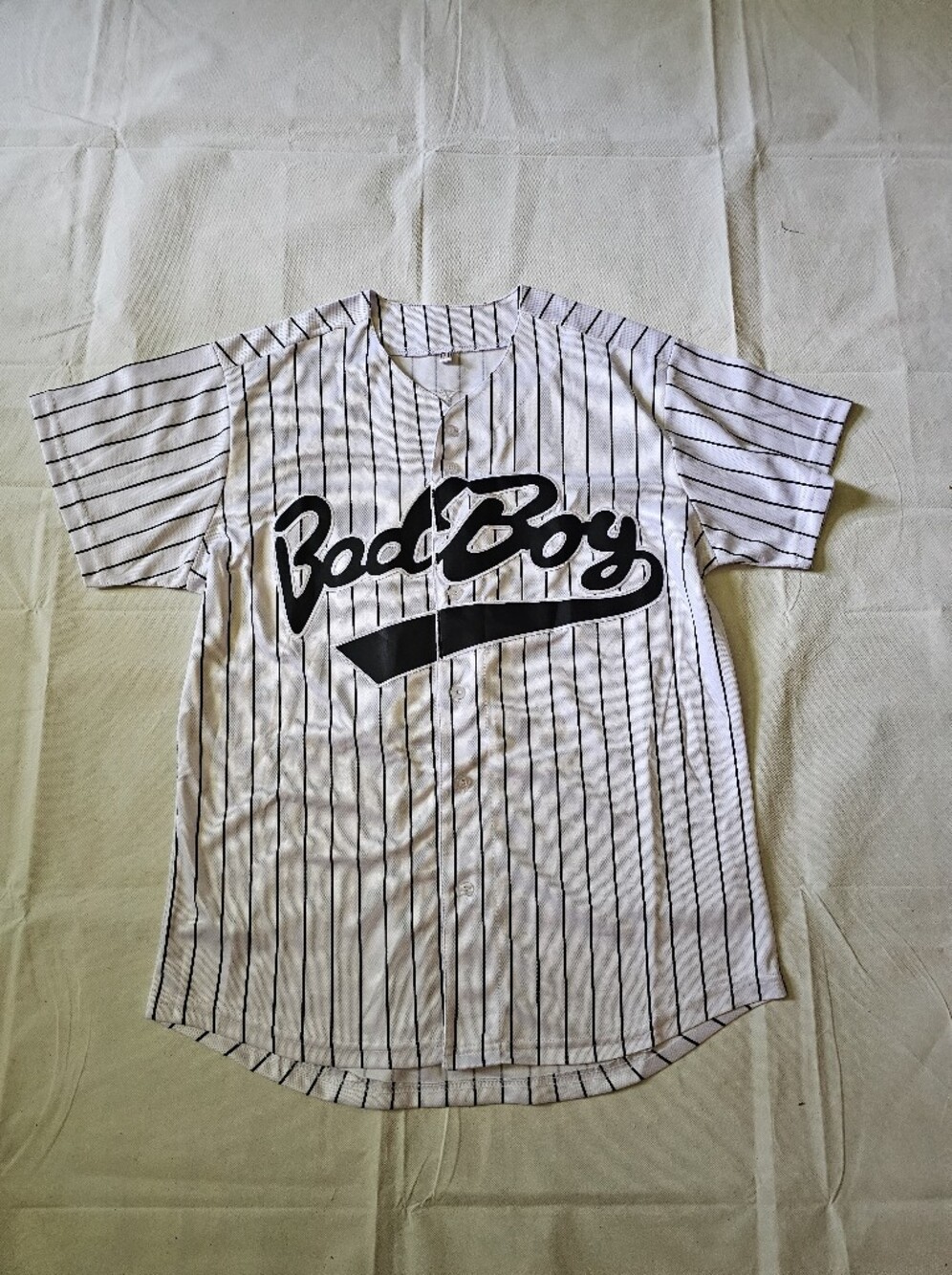 White & Black Pinstripe Baseball Jersey with Bold Script Logo